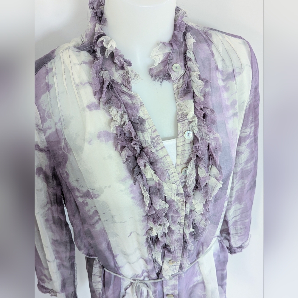 DA-NANG Silk Long Sleeve Tie Dye Blouse with Ruffle Front, Purple/Light Grey;SzM - Picture 10 of 10